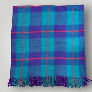 Vintage Picnic Throw Blanket Fringe Acrylic 52”x54” Plaid Super Soft Teal Pink